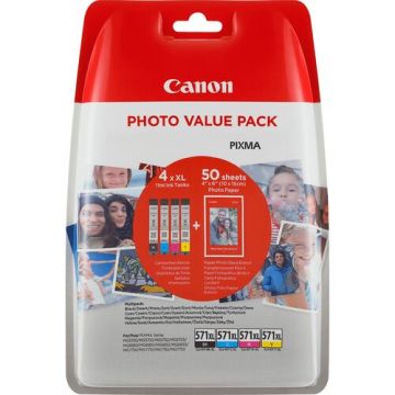 Canon CLI-571XL High Yield BK/C/M/Y Ink Cartridge + Photo Paper Value Pack (0332C005)